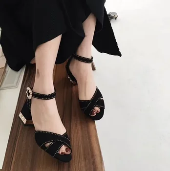 High-end Handmade Negru piele de Căprioară Femei Sandale Elegante Cristale de Sandale de Mireasa Pantofi de Vara Indesata Tocuri inalte Seara Dace Pantofi