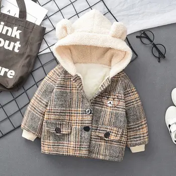 Băiețelul haina de iarna 0-5 ani plus catifea căptușit jacheta toamna și iarna căptușit jacheta copii Carouri cu gluga jacheta