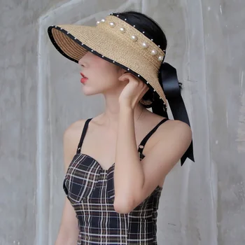 Perla decor paie capac rafie arc panglică retro hepburn stil pălărie goală Femei soare, pălării de vară