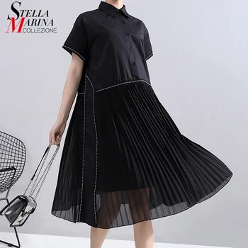 Noua Femeie De Moda De Vară Stil Coreean Negru Plisată Rochie-Cămașă Sifon Mozaic Rever Doamnelor Drăguț Casual Rochie Midi Halat 6168