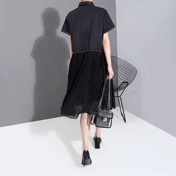 Noua Femeie De Moda De Vară Stil Coreean Negru Plisată Rochie-Cămașă Sifon Mozaic Rever Doamnelor Drăguț Casual Rochie Midi Halat 6168