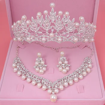 Mireasa Cristal Pearl bijuterii seturi Noi de Design Stras Cravată Colier Cercei Tiara de Mireasa pentru Femei Bijuterii de Nunta Set