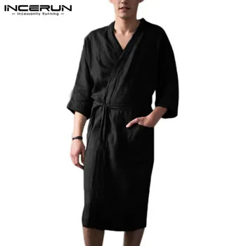 INCERUN 2021 Bărbați, Halate de Homewear Lenjerie de pat din Bumbac Siret V Gatului Maneca 3/4 Epocă Kimono Halate de baie Buzunare Pijamale Barbati camasa de noapte