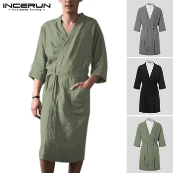 INCERUN 2021 Bărbați, Halate de Homewear Lenjerie de pat din Bumbac Siret V Gatului Maneca 3/4 Epocă Kimono Halate de baie Buzunare Pijamale Barbati camasa de noapte