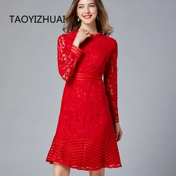 TAOYIZHUAI 2019 nou toamna de mari dimensiuni L geometrie rochie rosie complet maneca O-gât retro subțire dantelă rochie de partid de sex feminin 16214