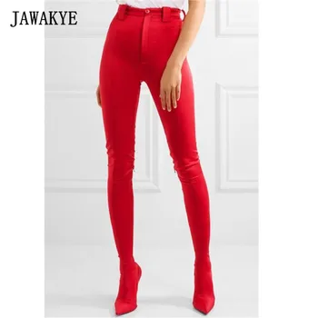 JAWAKYE Noua Moda Pantaloni Roșii Coapsei Cizme Femei Subliniat Sexy Stilettos Ciorap Elastic Talie Bootcuts Pantofi cu Toc Femeie