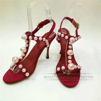 De lux Satin Bordo T-curea Pantofi de Banchet Femeie Toc Subțire de Mare Degetele de la picioare Deschise Șir de Mărgele de Perle Decor Sandale Gladiator Femei