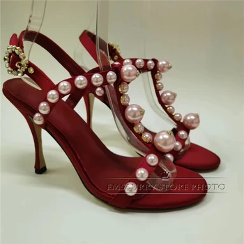De lux Satin Bordo T-curea Pantofi de Banchet Femeie Toc Subțire de Mare Degetele de la picioare Deschise Șir de Mărgele de Perle Decor Sandale Gladiator Femei