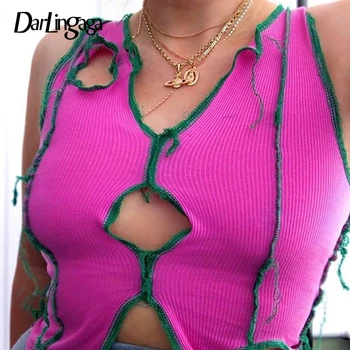 Darlingaga Linie Mozaic Streetwear-Sexy Crop Top De Sex Feminin Contrast De Culoare Hollow Out Tank Top De Vară Vesta Cu Dungi Trunchiate Topuri Noi