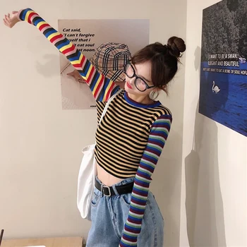 2020 Toamna cu Dungi Pulover tricotat Pentru Femei Student Casual All-meci Slim Top Scurt Feminin Cultură Pulover Maneca Lunga