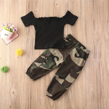 1-6Y Moda pentru Sugari Fete pentru Copii Haine Seturi de Vara cu dungi Tricot cu Maneci Scurte de Pe Umăr Tricouri Topuri+Pantaloni de Camuflaj 2 buc Set