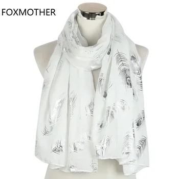 FOXMOTHER Noua Moda Usoare Alb Pene de Păun Animal Print Marame Folie Feliuta Foulard Hijab Eșarfe Împachetări Șal Doamnelor