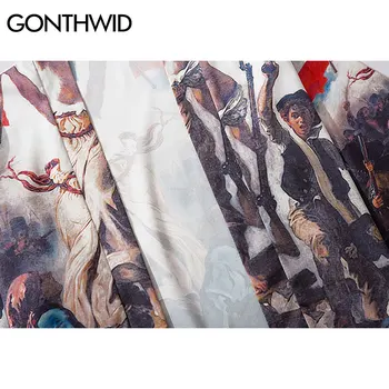 GONTHWID Eugene Delacroix, Libertatea Conducând Poporul Print Kimono Cardigan Jachete Tricouri Streetwear Hip Hop Deschisă Față de Haina