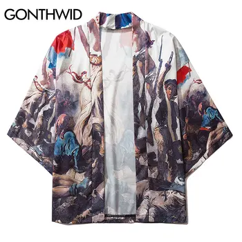 GONTHWID Eugene Delacroix, Libertatea Conducând Poporul Print Kimono Cardigan Jachete Tricouri Streetwear Hip Hop Deschisă Față de Haina