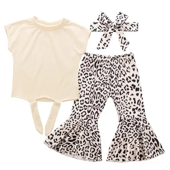 Copilul Nou-Moda Pentru Copii Haine De Fata Culoare Solidă Topuri Cu Maneci Scurte T-Shirt +Leopard Print Pantaloni Flare+Bentita Tinutele Set
