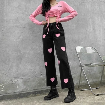 Toamna Streetwear 90 de Pantaloni Noi de Moda Roz Dulce Inima de Imprimare Dezlegat Talie Inalta Blugi pentru Femei Cute Largi Picior Pantaloni Negri
