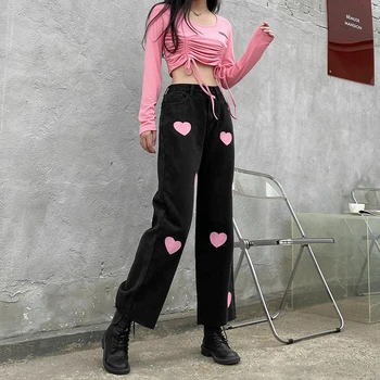 Toamna Streetwear 90 de Pantaloni Noi de Moda Roz Dulce Inima de Imprimare Dezlegat Talie Inalta Blugi pentru Femei Cute Largi Picior Pantaloni Negri