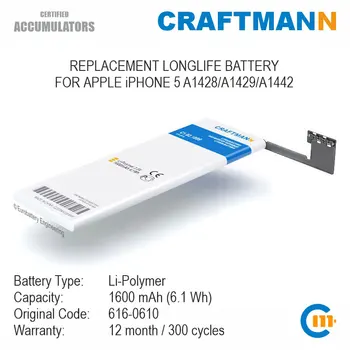 Baterie 1600mAh pentru APPLE iPHONE 5, A1428/A1429/A1442 (616-0610)