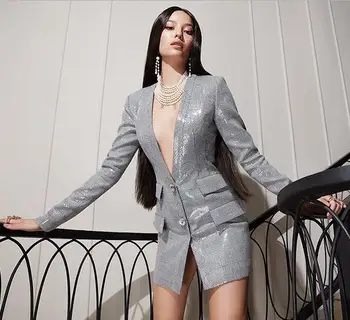 Femei De Moda De Iarnă Sexy Cu Maneci Lungi Paiete Argintii Sclipitoare Rochie Doamnă 2020 Eleganta De Seara Rochie De Petrecere Vestidos