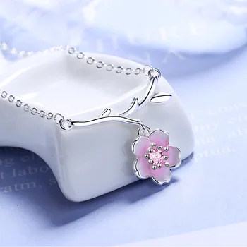 Romantic 925 Sterling Silver Pink Cherry Blossom Coliere Pentru Femei Zircon Epoxidice Pandantiv Colier De Flori
