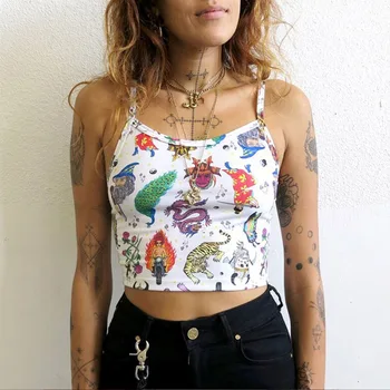 ALLNeon Y2K Spaghete Curea Estetica Camis pentru Femei de Imprimare fără Mâneci Sexy Topuri de Cultură de Epocă Graffiti Rezervor de Top de Vara Noi