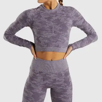 Yoga Set Femeile fără Sudură de Camuflaj mâneci Lungi Topuri Tricou de Înaltă Talie Jambiere de Fitness Sport SALĂ de Camuflaj Costume Stramte pantaloni de Antrenament