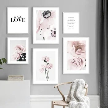 Trandafir roz Flori Botanică Panza Pictura Scandinave Decor Floral Poster de Arta de Imprimare Nordic Poza Perete pentru Camera de zi