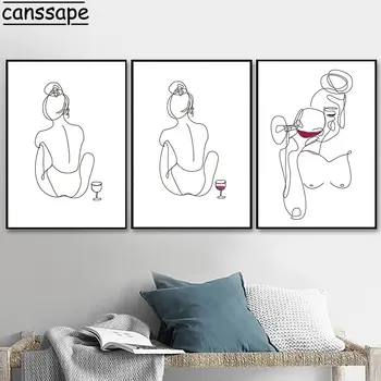 Corp Femeie Nud Arta Print Abstract Linie De Imagine De Desen De Perete De Arta Pictura Pahar De Vin Roșu Băut Poster Modular Imagine Decor Acasă