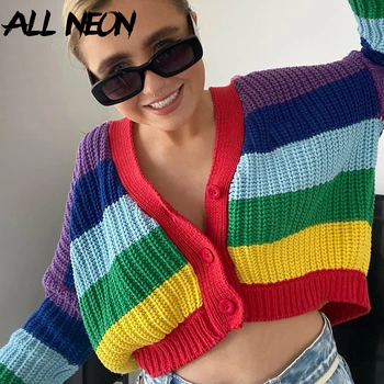 ALLNeon Y2K Moda Curcubeu cu Dungi Cardigan Vintage anii ' 90 Supradimensionate V-neck Single-breasted cu Maneci Lungi Decupate Pulovere Toamna