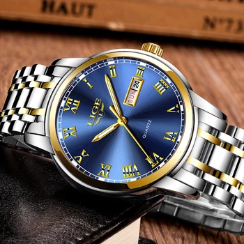 Ceasuri Mens 2019 Moda Cuarț Ceas de Aur LIGE Brand de Lux de Top din Oțel Bărbați Ceas de mana rezistent la apa Data Saptamana Cadran Ceas+Cutie