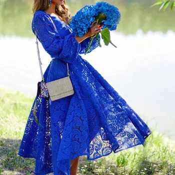 Femei Rochii De Vacanță 2020 Moda Elegant Dulce Hallow Dantela Out Dantelă Rochie Sexy Partid Solid Toamna Rochii Vestidos Albastru