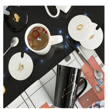 Cani ceramice 12 Constelații Creative Pahar cu Lingura Capac Negru și Aur, Portelan Zodiac Lapte Ceașcă de Cafea Drinkware