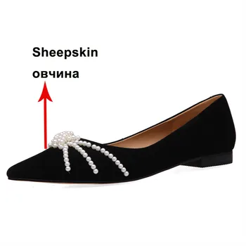Meotina Naturale Din Piele Femei Pantofi De Piele De Oaie Pantofi Plat A Subliniat Toe Flats Moda Șir De Mărgele Doamnelor Încălțăminte Neagră 39