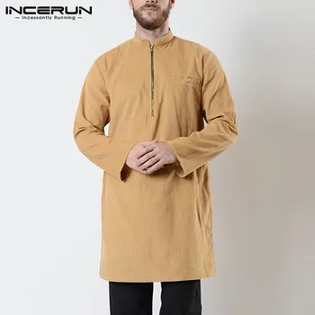 Camasi barbati Costum de Indian, cu Maneci Lungi cu Fermoar Casual Vintage Stand Guler Lung Solid Tricouri Barbati 2021 INCERUN Haine Musulmane