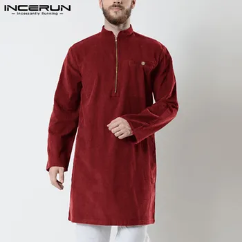 Camasi barbati Costum de Indian, cu Maneci Lungi cu Fermoar Casual Vintage Stand Guler Lung Solid Tricouri Barbati 2021 INCERUN Haine Musulmane