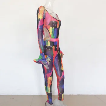 Kricesseen Casual Imprimare Mozaic Două piese Set Gâfâi Femei Flare Sleeve Body Și a Vedea Prin Pantaloni Lungi 2 Bucată de Costume