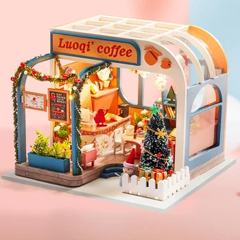 DIY Casa din Lemn in Miniatura Păpuși Kit Rainbow Magazin de Cafea căsuțe pentru păpuși Cadou de Ziua Jucării Pentru Copii, Mobilier Casa Papusa Set