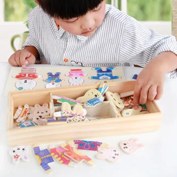 Copilul Montessori Rochie de Învățământ Schimbarea Puzzle din Lemn Iepure de Jucărie Schimba Hainele PuzzlesToys pentru Copii Baieti Fete