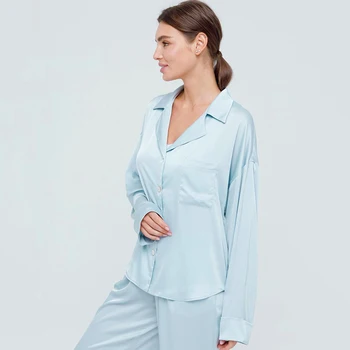 HiLoc 2021 primăvară Satin Pijamale Femei, Pijamale Solid Acasă Costum Set de sex Feminin Pijamale Largi Bază Două Bucata Set Lounge Elegant Set