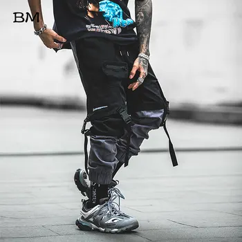 Hip hop joggeri bărbați stil coreean streetwear techwear pantaloni barbati moderni casual pantaloni de Moda Îmbinat negru kpop pantaloni