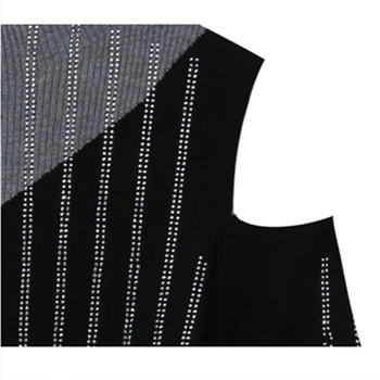 Mozaic Alb negru Culoare Bloc Nou Pulover Femei Fete Guler Off-umăr Diamante Slim Topuri Pulover Jumper T0D003A