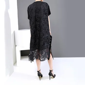 Stil Japonez Plus Dimensiunea Femei De Vara Negru Rochie Dreaptă Casete De Buzunar Paiete Buzunare Dantelă Înapoi Midi Harajuku Rochie 6148
