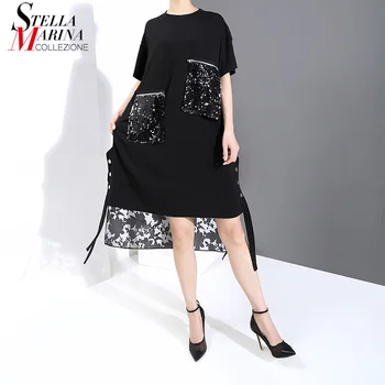 Stil Japonez Plus Dimensiunea Femei De Vara Negru Rochie Dreaptă Casete De Buzunar Paiete Buzunare Dantelă Înapoi Midi Harajuku Rochie 6148
