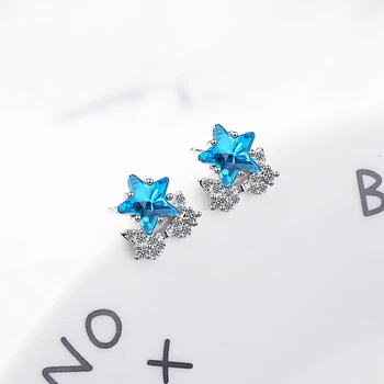 Drăguț Cristal Albastru Star Bowknot Cercei Stud Pentru Femei Argint 925 Cu Zirconia Cercei Oorbellen Pendientes