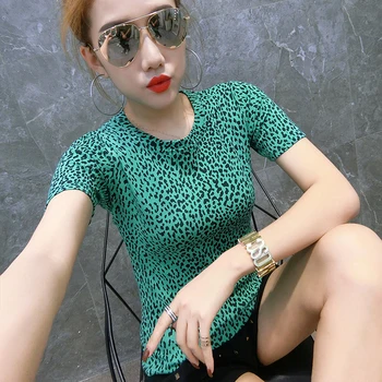 Moda Leopard De Imprimare Pulover Tricou 2019 Vara Noi Femeile O-Gat Maneci Scurte Tricou Top Tricouri Haine Camiseta Mujer T95011