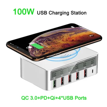 100W Quick Charge 3.0 5 Porturi USB sitului pentru respectivul C PD Rapid Incarcator Qi Wireless Display LCD Multi Încărcător Pentru Telefon USB Stație de Încărcare