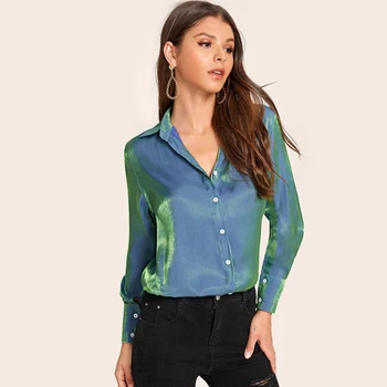 MOARCHO de Moda Luminoase Satin Bluza Femei de Turn-down Guler Maneca Lunga Casual Culoare Solidă Butonul Bluza Tricou Pentru Petrecerea 2020 Nou