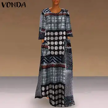 Atumn Rochie Femei Maxi Rochie Lungă, Halat Femme 2021 VONDA Plus Dimensiunea rochie de plaja Vintage Imprimate Petrecere Sundress Femme Vestidos