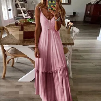 De mari Dimensiuni S-5XL Maxi Dress V-gât Culoare Roz Suspensor Fusta de Primăvară/Vară de Moda Casual, Rochii Elegante Lungi de sex Feminin Vestido