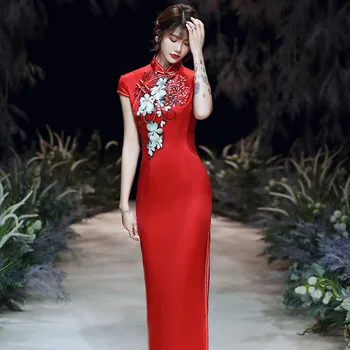 Dimensiune Plus 5XL 2020 Nou Roșu, Raionul Cheongsam Tradițională Chineză Rochie Clasic Femei Qipao Elegant cu Maneci Scurte Noutate Rochie Lunga